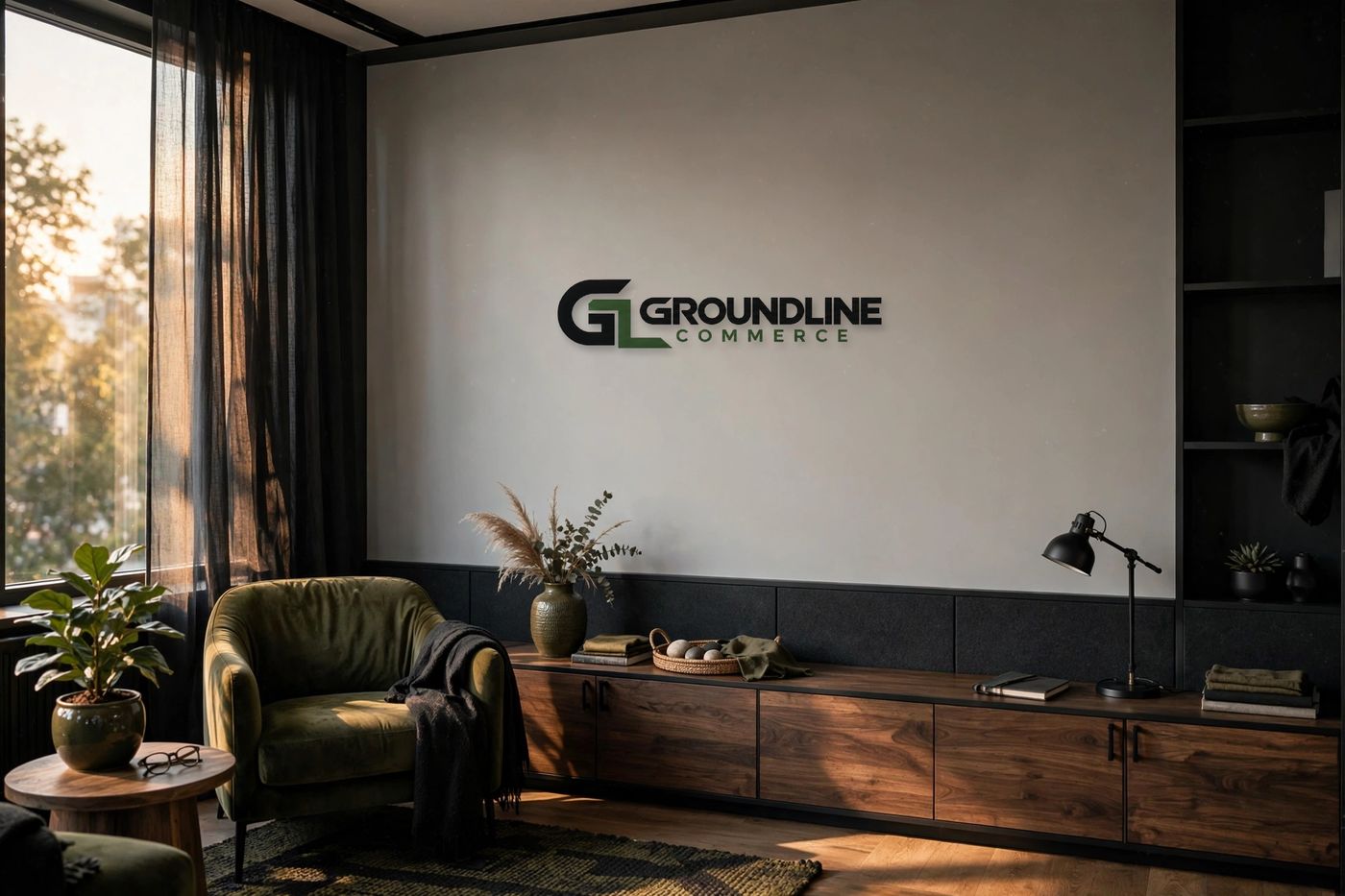 Conceptual image of a Groundline Commerce branded office space with the company logo displayed on the wall
