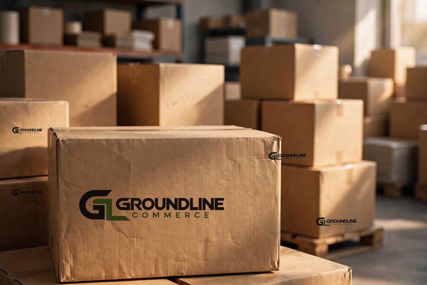 Conceptual image of shipping boxes branded with the Groundline Commerce logo
