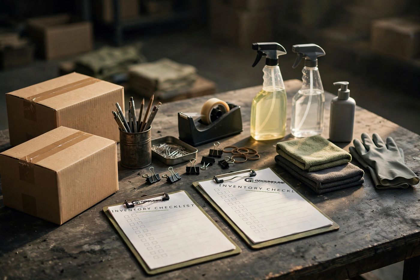 Workbench with wholesale sourcing materials: shipping cartons, branded inventory checklists, and product samples