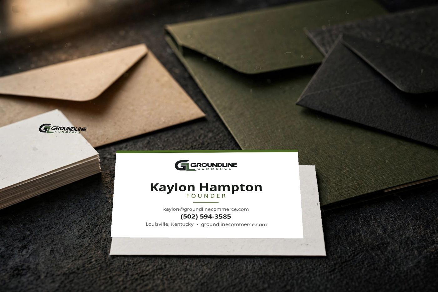 Groundline Commerce business card and branded stationery